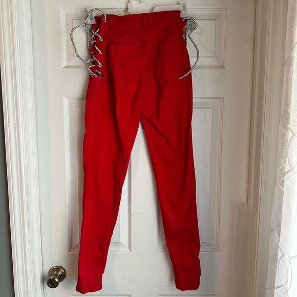 Blue Topic Women Red Jeans Tie Up Sides Size Medium Sparkle Laces - Picture 4 of 8